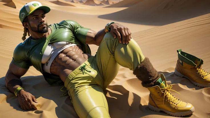 good quality, ultra high resolution，masterpiece, 8K，（reality，detail）One wearing green short sleeves，Wearing a lemon baseball cap，Lemon pants，brown leather boots，Burly African man，Walk in the desert，whole body effect（（from head to foot））