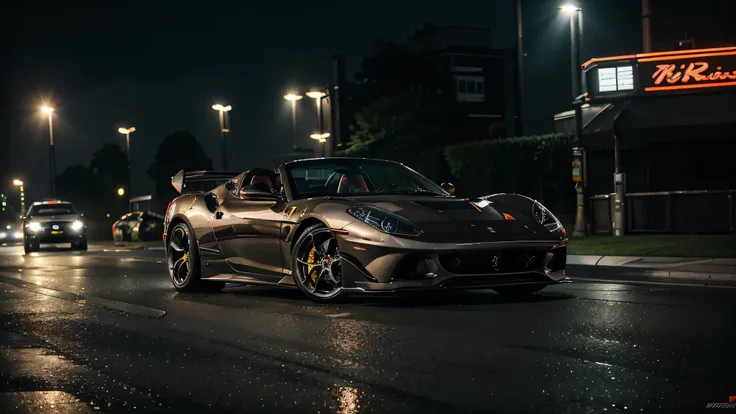 A fast moving ferrari spyder on the road, wheels turned to the right, smokey background, great lighting, city lights, no people, creative angle, (best quality,4k,8k,highres,masterpiece:1.2), ultra-detailed, (realistic,photorealistic,photo-realistic:1.37), ...