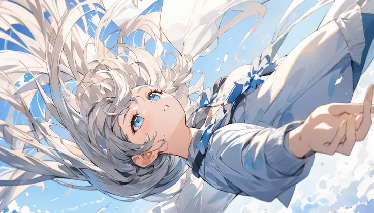 a pretty woman, long hair, gray hair, long sleeve, watercolor, clear azure sky, flying, upside down, blowing wind, ultra detailed