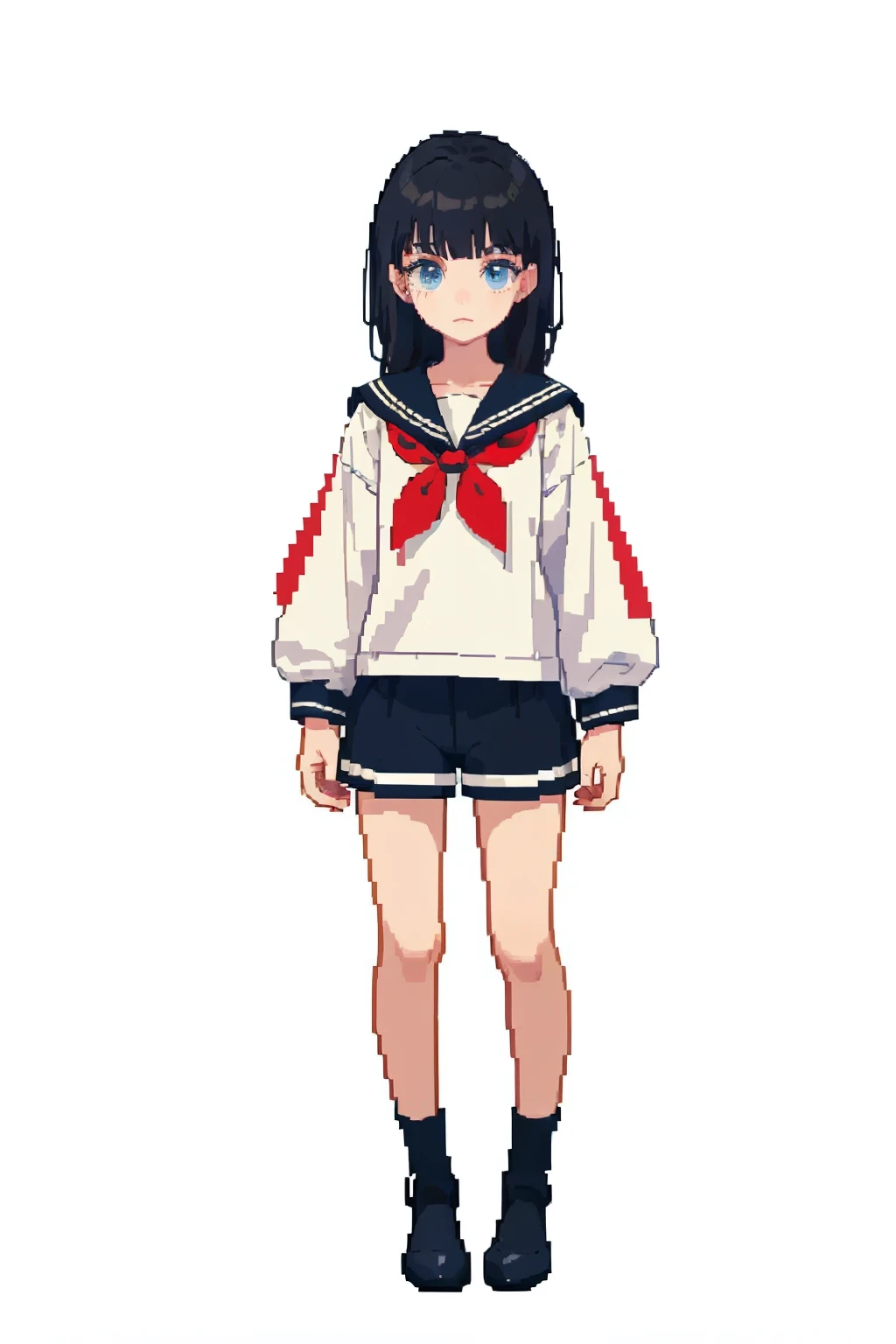 masterpiece, top quality, best quality), Pixel,Pixel art,1 girl,whole body，Oblique bangs，Shoulder-length hair，short black hair，soft hair，blue eyes，expressionless，(black sailor suit)，(long sleeves)，(shorts)，(stocking)