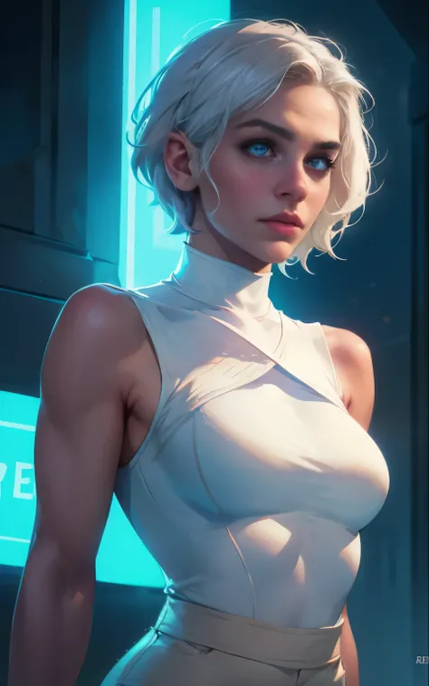 8K, HD, Neon, Retro, chic, portrait, Girl 23 years old, short pixie hairstyle white wavy hair, cute face, face looks like Daenerys, toned body, expressive breasts, elegant, white sleeveless turtleneck, blue trousers, Night, street, Neon, HD