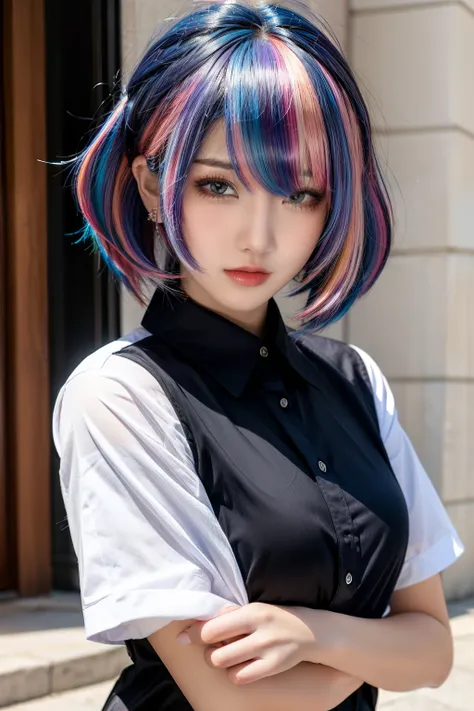 1girl, rainbow hair, black collared shirt, sleeves