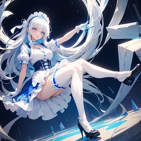 A girl with long white hair with a blue pattern in her bangs, blue eyes with round black pupils, wearing a blue white maid outfit with short sleeves, wearing white gloves, wearing a star necklace, wearing a short blue and white skirt, wearing white high he...