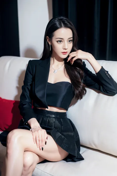 black suit，black coat，White shirt，huge big breasts，black hip skirt，black skirt，A-line skirt，She wears black pantyhose on her legs，High heel，reclining on the sofa，The beauty of mixed race，cold white skin，cute appearance，sexy expression，thin，很thin，The legs a...