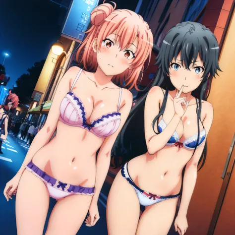 ((2 girls ), ((yuigahama yui is bust and ヒップライン are great)),((Yukinoshita Yukino)),In perverted underwear,in front of everyone,streaking,crowd,downtown at night,they have their hands behind their backs,(Bra with nipple bulge line),Shiny bra,belly button,,(...