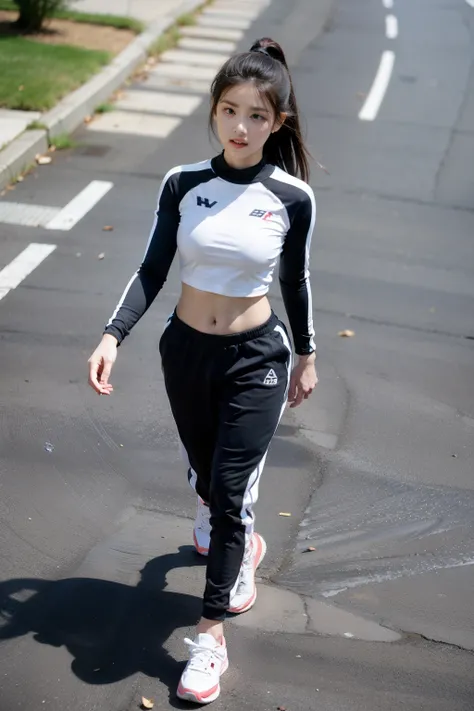 woman，pedestrian，walk，spring，Sports suit，trousers，Sweatpants，overhead shot，whole body，side