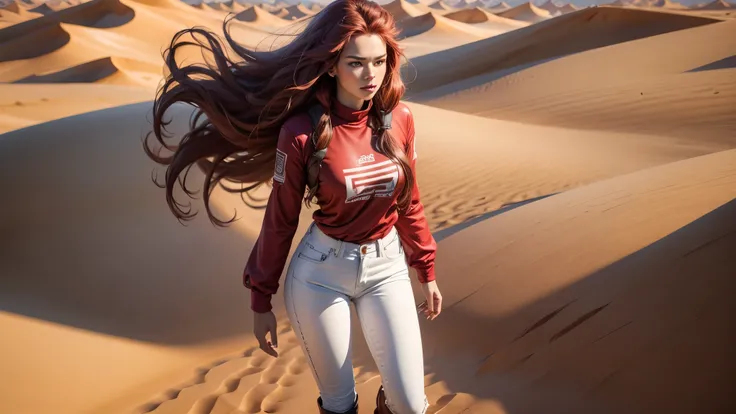 good quality, ultra high resolution，masterpiece, 8K，（reality，detail）One wearing a red shirt，white jeans，brown leather boots，of long purple hair，of women，Walk in the desert，whole body effect（（from head to foot））