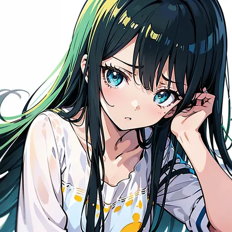 onry one girl, young girl, best quality, ultra-detailed, , long hair, black hair, shiny hair, deep green-eyed girl anime, sleepy...