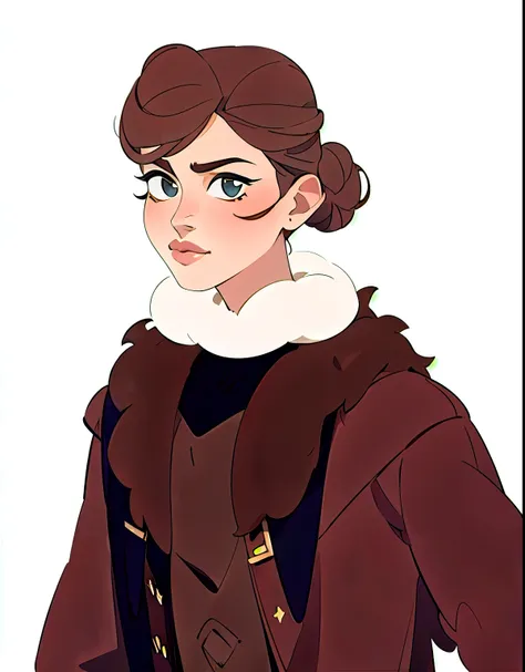 masterpiece, Best quality),1 girl with dark brown hair in a bun, in a dark brown fur coat