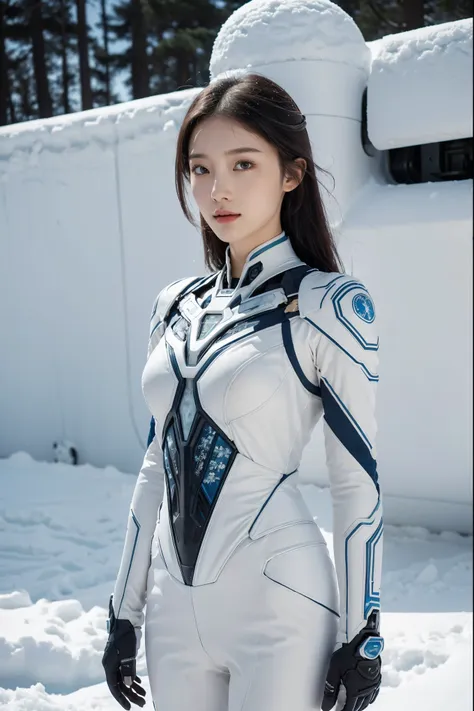 1 girl, lovely, ice and snow world, alone, skinny, wind, mecha suit, whole body, pretty face, decorated with intricate patterns ...