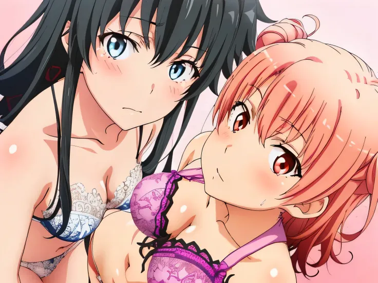 ((2 girls ), ((yuigahama yui is bust and ヒップライン are great)),((Yukinoshita Yukino)),downtown at night,In underwear,leaning forward,body facing forward,they have their hands behind their backs,(Bra with nipple bulge line),Shiny bra,belly button,,(Light pink ...