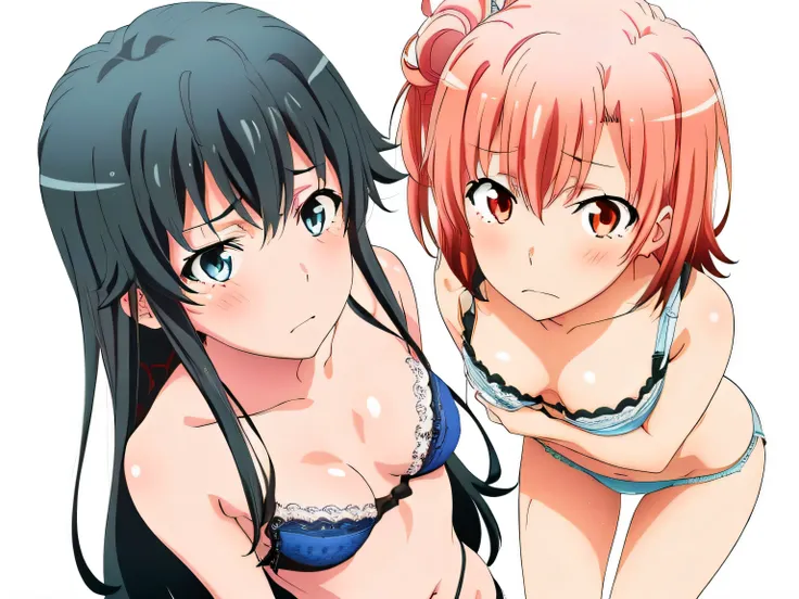 ((2 girls ), ((yuigahama yui is bust and ヒップライン are great)),((Yukinoshita Yukino)),,In underwear,leaning forward,body turns forward,they have their hands behind their backs,(Bra with nipple bulge line),Shiny bra,belly button,,(Light pink lace panties:1.0),...