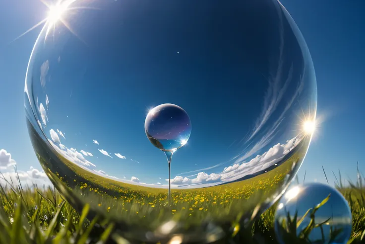 (8k RAW photo, best quality, masterpiece:1.2), (realistic, photo-realistic:1.37), Image of a crystal ball reflecting an object, woman, light, sky, meadow,