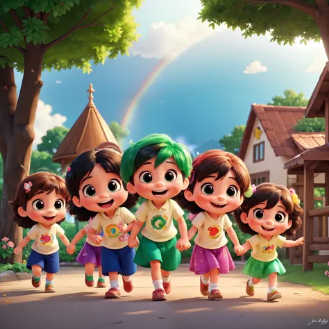 In a vibrant and colorful kindergarten setting, a delightful group of cartoon kids are seen joyfully playing over a beautiful rainbow. Their cheerful faces are filled with excitement and wonder as they explore the magical world around them. With their spar...