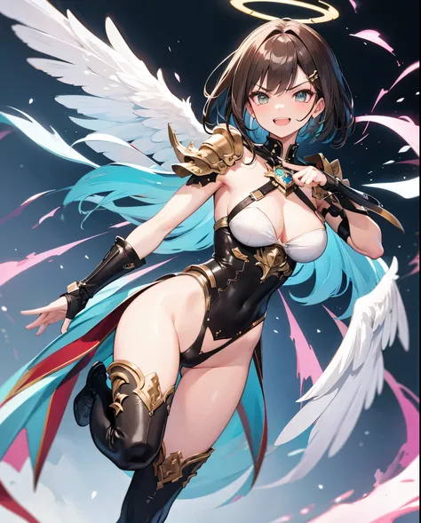 fantasy, 1angel_girl,young_teen, ,brown_hair, medium_bob_hair, long_bangs, halo,bare_shoulder,thighhighs,silver_armor, waist_armor, large_breasts,angry,grinning,open_mouth_teeth, 1pair_wings, dynamic_pose_fighting,floating, bare_crotch, headgear,gauntlet, ...