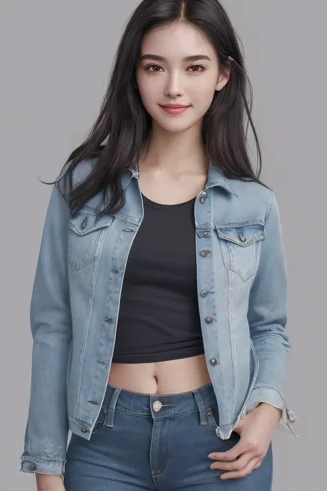 photograph of jg-jc0n, an effortlessly beautiful girl next door wearing a plain tshirt and jacket, (sly smile), jeans, photoreal, hyperrealism, best quality, (natural skin texture, highly detailed face), masterpiece, sharp focus, absurdres