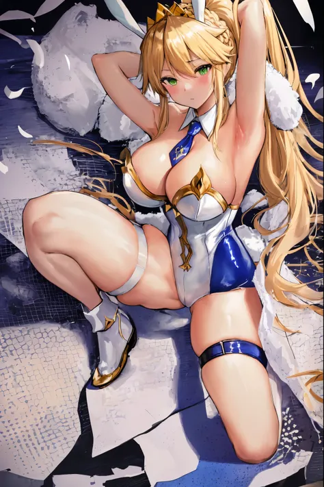 masterpiece, best quality, absurdres, looking at viewer, (light_smile:0.6),
1girl, ahoge, rabbit ears, playboy bunny, artoria pendragon (swimsuit ruler) (fate), large breasts , blonde hair, green eyes, french braid,  pony tail
bare shoulders, large breasts...