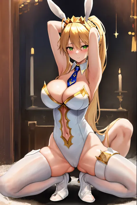 masterpiece, best quality, absurdres, looking at viewer, (light_smile:0.6),
1girl, ahoge, rabbit ears, playboy bunny, artoria pendragon (swimsuit ruler) (fate), large breasts , blonde hair, green eyes, french braid,  pony tail
bare shoulders, large breasts...