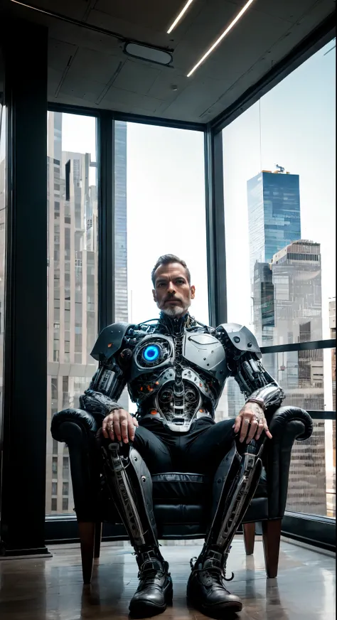 a skyscraper office in the big city, the cyborg man sits in a luxurious chair and holding a smoking cigar in his hand, high qual...