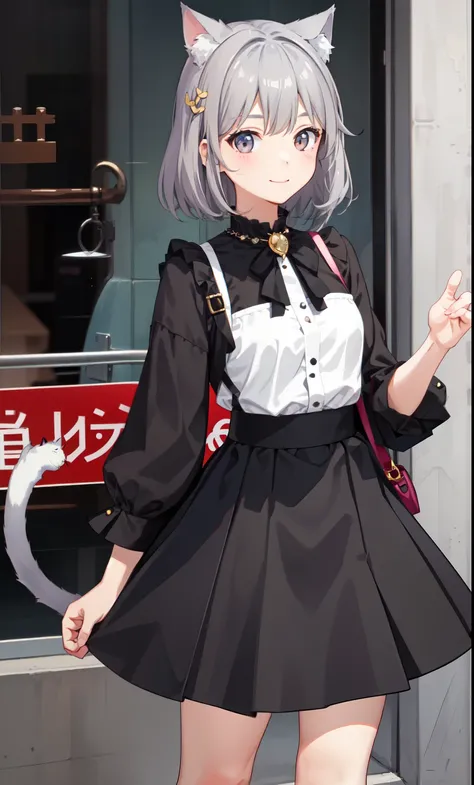 girl、かわいいgirl、smile、blouse、skirt、（small breastovement、（gray hair）、Cat ear、