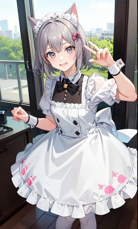 girl、かわいいgirl、smile、maid costume、（small breastovement、（gray hair）、Cat ear、