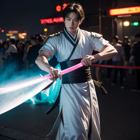 ((jim lee style)) Rendering of a man swordsman in hanfu against neon city background