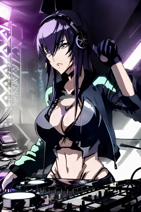 "Saeko Busujima, Cyberpunk DJ girl with cool head set, cool open jacket and crop top shirt, two big LED glowing loudspeakers on each side, immersed in a neon-lit environment, vinyl record on turntable with music mixer and turntable in front of her, exuding...