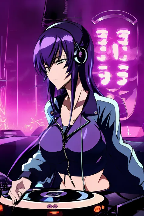 "Saeko Busujima, Cyberpunk DJ girl with cool head set, cool open jacket and crop top shirt, two big LED glowing loudspeakers on each side, immersed in a neon-lit environment, vinyl record on turntable with music mixer and turntable in front of her, exuding...