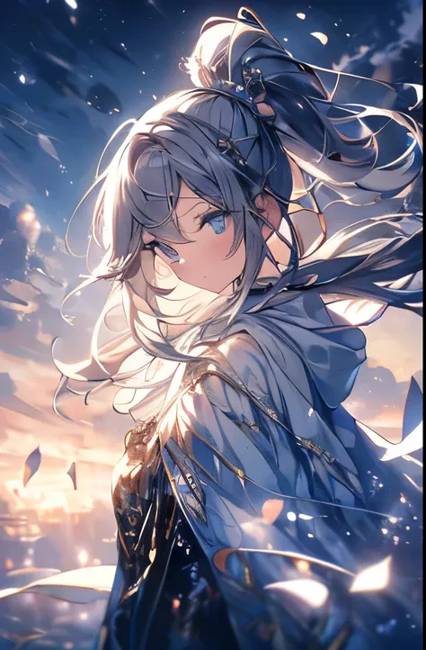 masterpiece, (highest quality: 1.2), (super fine: 1.2), figure, (very delicate and beautiful: 1.2), film angle, floating, (beautiful detail eyes: 1.1), (detail light: 1.1), film light, delicate sky, woman, gray hair, blue eyes, (high ponytail: 1.1), cloak,...