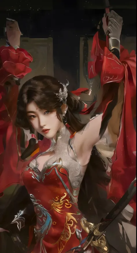 a close up of a woman in a red dress holding a sword, inspired by du qiong, by yang j, inspired by ju lian, bian lian, inspired ...