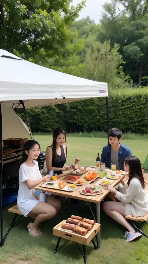 masterpiece，4 young people camping and barbecue，There is a barbecue grill on the table，and fresh barbecue ingredients，There is a barbecue，vegetable。
