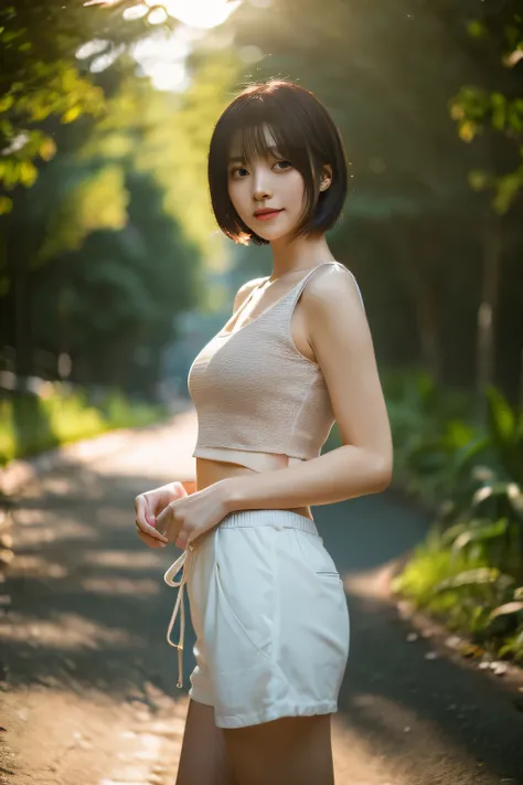 highest quality,masterpiece,32k,sharp focus,professional lighting,cinematic lighting,nature光プロフィール,slim and smooth lines,beautiful japanese woman,25 year old girl,Are standing,nature,short hair,Tank top,shorts,Hilarious,