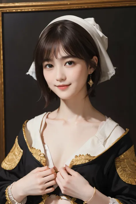 184 Short hair, 20 year old female, gentle smile, (rembrandt style painting), (chest:1.46), whole body, beautiful feet
