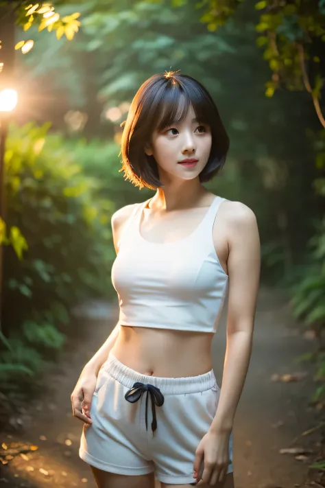 highest quality,masterpiece,32k,sharp focus,professional lighting,cinematic lighting,nature光プロフィール,slim and smooth lines,beautiful japanese woman,25 year old girl,Are standing,nature,short hair,Tank top,shorts,Hilarious,