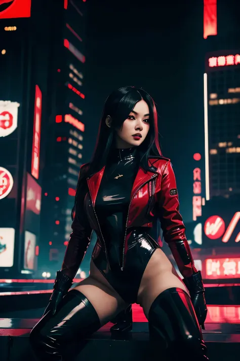 black long haired Asian woman with red pupils. pvc black clothing. leotard, red jacket, knee high boots. gothic theme, with neon lights. sinister character. in a cyberpunk setting. looking out at a giant city of lights. showing bottom, bent over