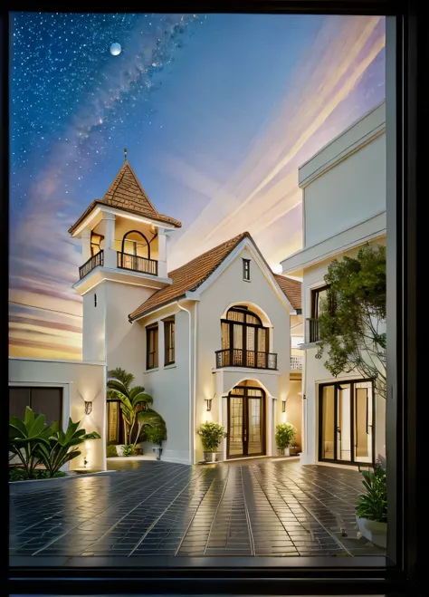 ultra-realistic 8k, hd image quality, sharp detail, 2-story modern house, main materials: white walls, wooden ceiling accents, l...