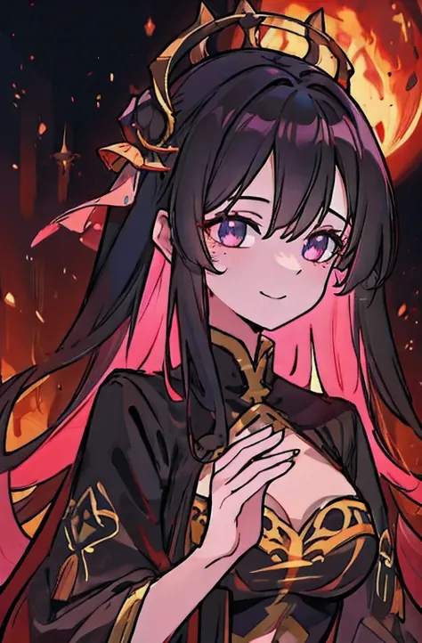 4k , ultra high definition , extremely detailed, extremely detailed background , draw a tall adult godess with dark soul powers ,she haslong hair , smiling, there is a deep sadness in her eyes, medium breasts , extremely detailed face,[ereshkigal : 1 ]