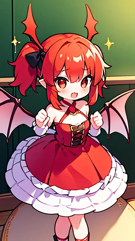 {{highest quality}}, {{masterpiece}}, {{Super detailed}}, {shape}, {detailed light}, redhead,twin tails,dragon horn,dragon wings,wonderful,girl,glowing red eyes,dragon tail,dress,young