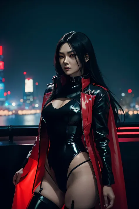 black long haired Asian woman with red pupils. pvc black clothing. leotard, red jacket, knee high boots. gothic theme, with neon lights. sinister character. in a cyberpunk setting. looking out at a giant city of lights. showing bottom