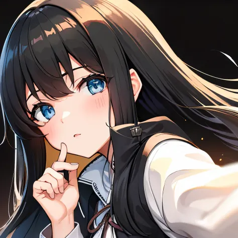 high quality、high resolution、one girl、beautiful girl、long black hair、straight bangs、一列に並んだstraight bangs、brown eyes、portrait、fac...