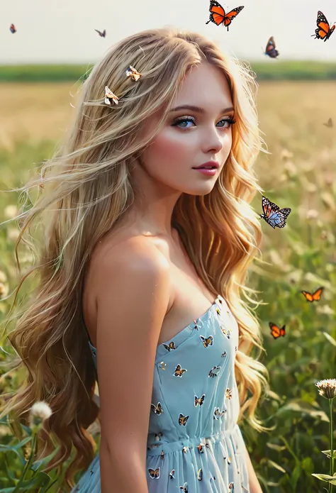 blonde with long hair on a field with butterflies