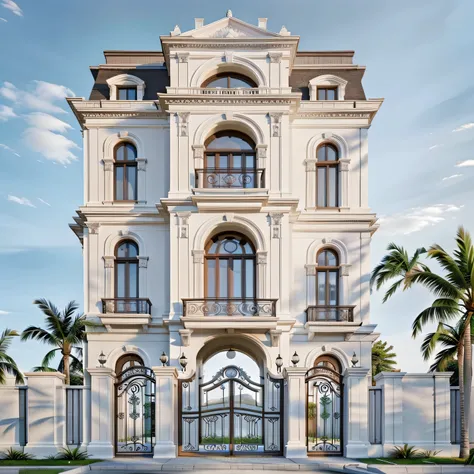 Architectural masterpiece, best quality, 16k image, classic architecture, white painted walls, car parked in front yard, arched door, artistic iron railing, arched door, wall lamp, best quality, detail most detailed, trees tropical,3d max rendering