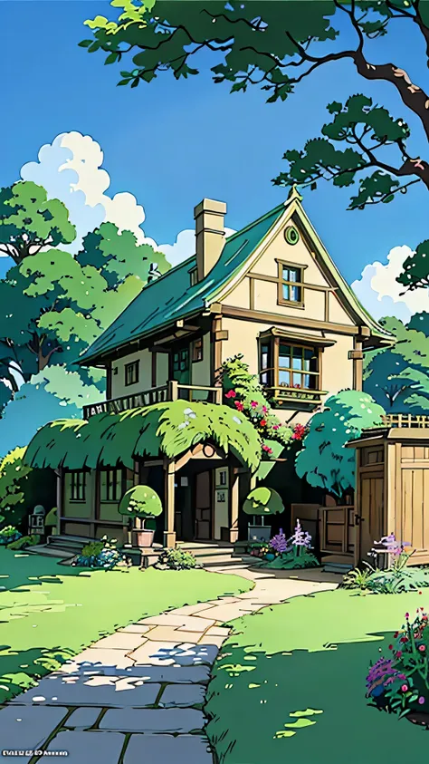 Picture of stone road in garden house, Studio Ghibli environment, Smooth concept art from Studio Ghibli, studio ghibli scenery, Studio Ghibli concept art, Studio Ghibli Art, Studio Ghibli art style, Studio Ghibli style, Ghibli art style, Studio Ghibli styl...