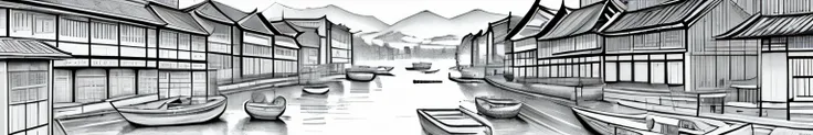 only black and white clour drawing of a river with boats and buildings in it, cg society contest winner, modern european ink painting, chinese brush pen illustration, dreamy chinese town, detailed art, highly detailed illustration, traditional korean city,...