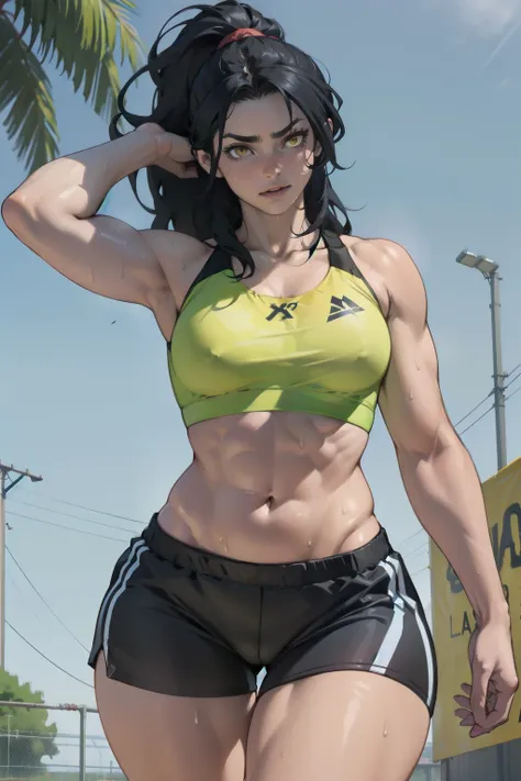 black hair, yellow eyes, solo, sweaty, shiny skin, pale skin, athletic body, (1girl), curvy, thin waist, very long hair, short shorts, navel, sports bra, 