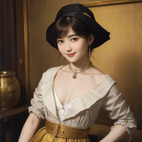 185 short hair, 20 year old female, gentle smile, (rembrandt style painting), (chest:1.46), skirt
