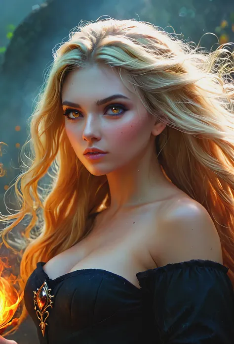 blonde with long hair, witch, an epic fantasy