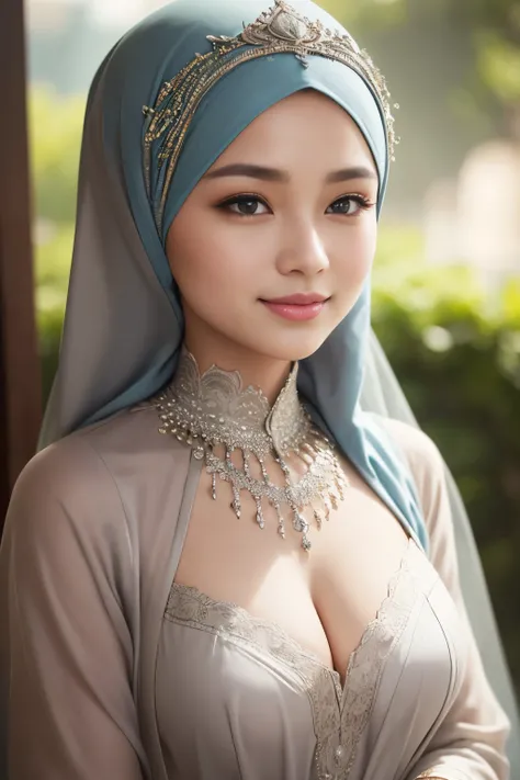 traditional, lizzy, silver, cleavage, hijabi, Absurd, ultra-detailed, high quality, masterpiece, detailed face, beautiful eyes(detailed eyes), javanese, gentle and graceful, face exudes warmth and kindness, eyes described as soft and comforting, gentle and...