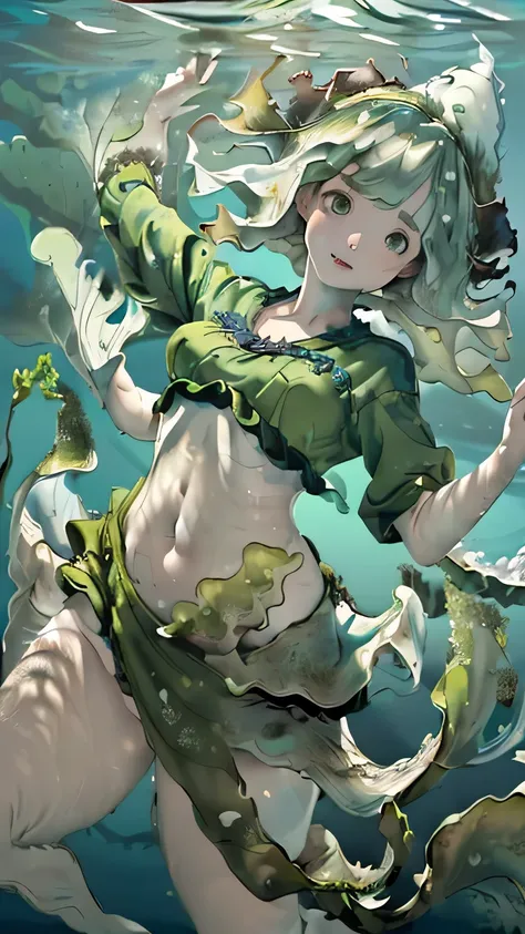 (((masterpiece))),((highest quality)),one beautiful girl,pale, (seaweed anthropomorphic character: 1.5), (seaweed hair:1.5)、(calm expression 1.5)、(belly button)、((seaweed clothes:1.5)),(private server), (exposure of skin),(The background is underwater:1.5)...