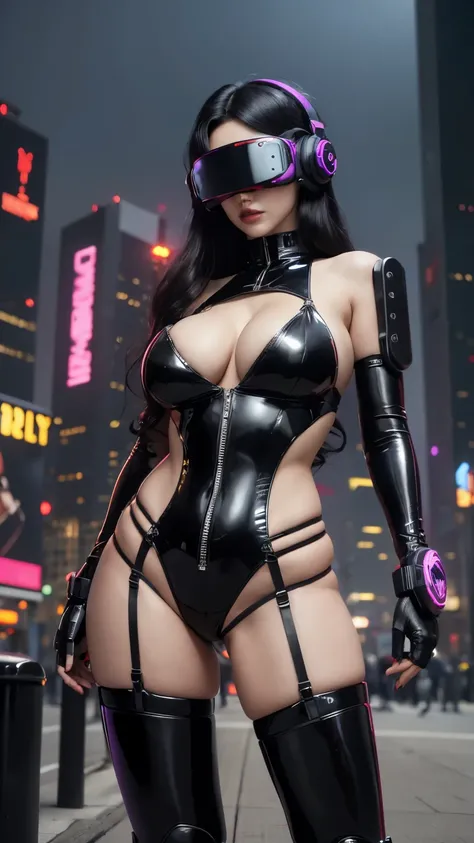 ((best quality)), ((masterpiece)), (detailed), (((perfect face))), (((hot chick young girl))), (((there is a cyberpunk night city in the background))), ((big tits )), ((black and red sexy latex robot lingerie)), (((detailed face))), perfect body, ((good an...